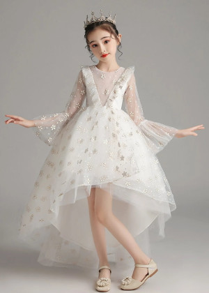 Ivory Floral Lace Tulle High Low Flower Girl Dress